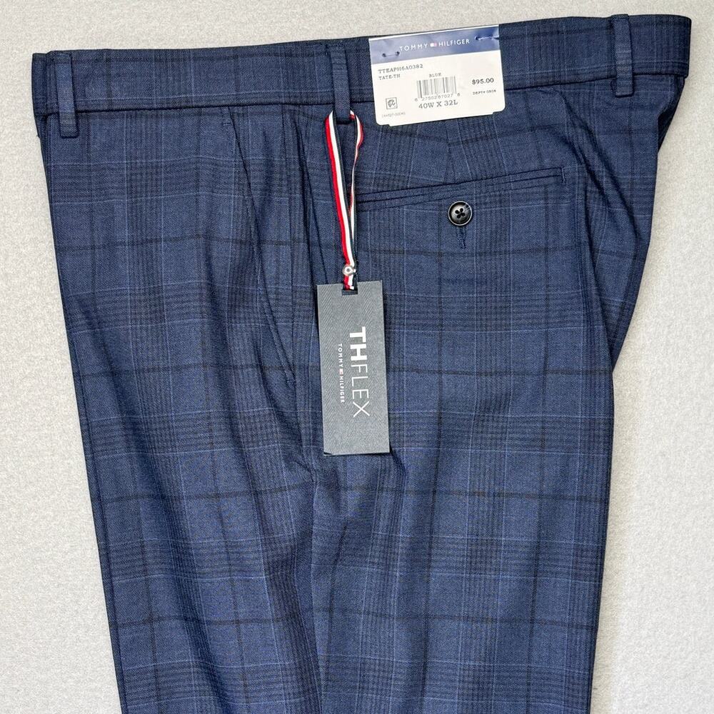 Tommy Hilfiger Men's Modern-Fit Stretch Dress Fall Pants - Blue Plaid 40x32 $95